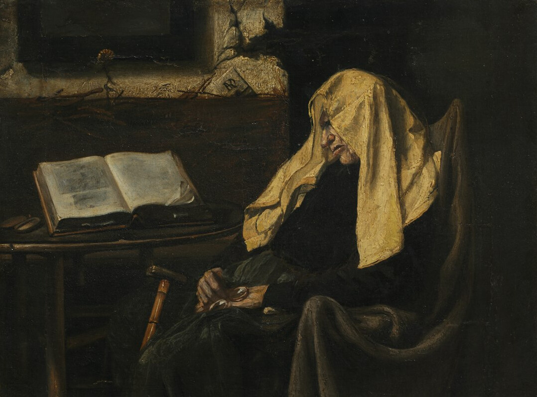 Senior woman with silver hair in a sunlit study, serious and warm