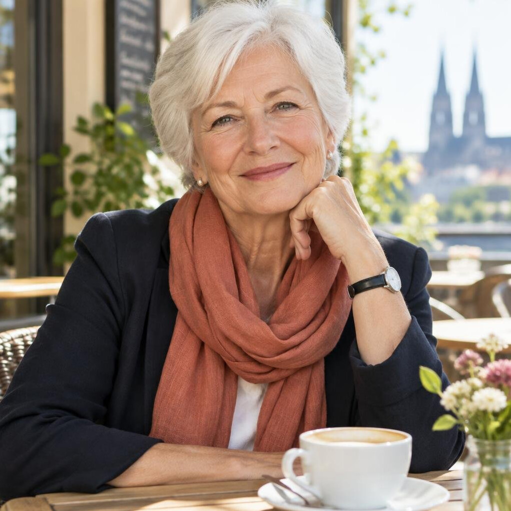 Senior woman with short white hair and a light scarf smiling