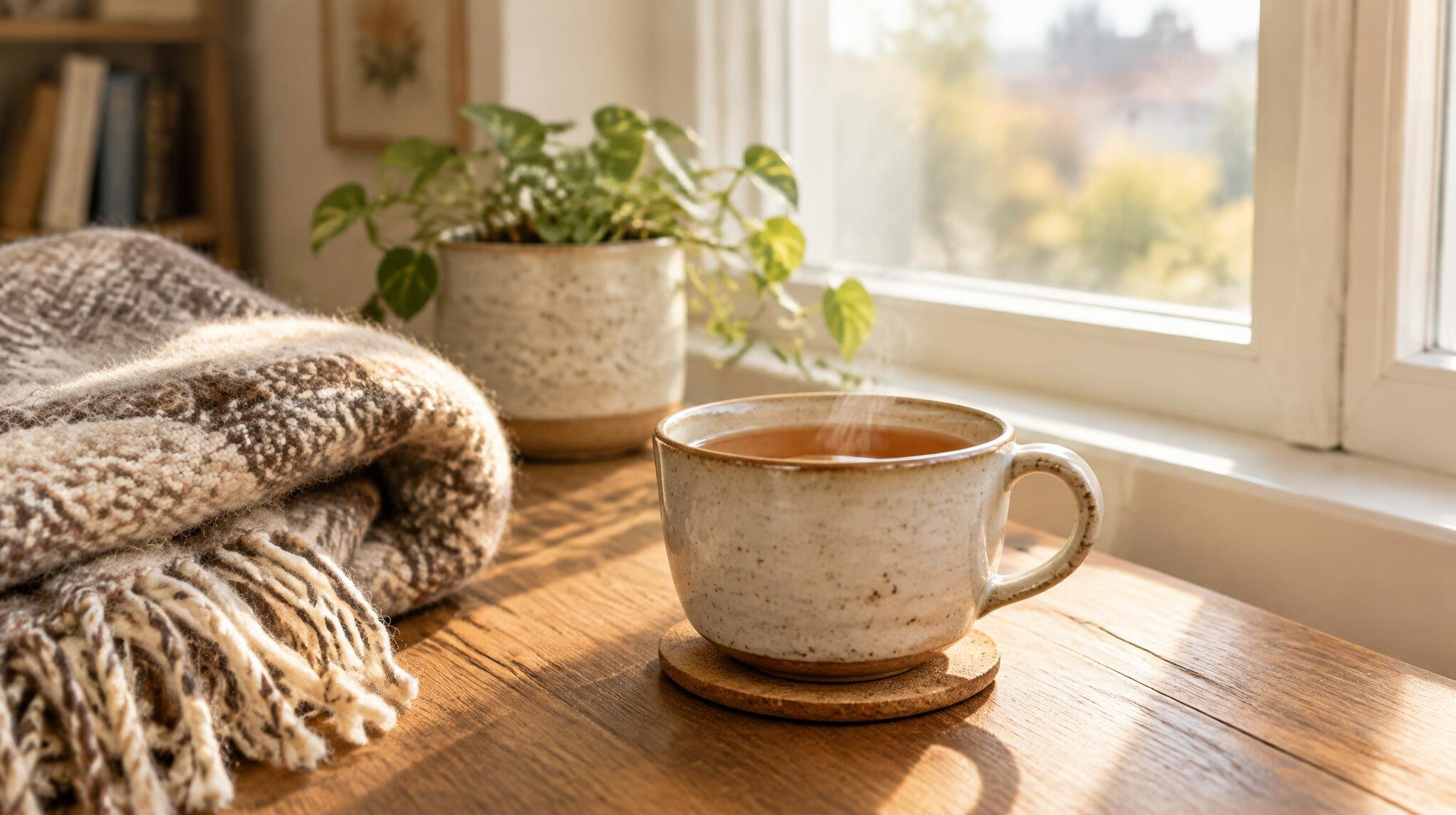 Cup of tea on a wooden table next to a window with soft light