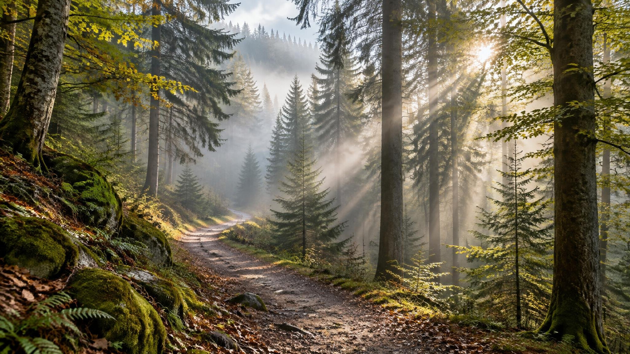 Misty forest trail in a German low mountain range at sunrise