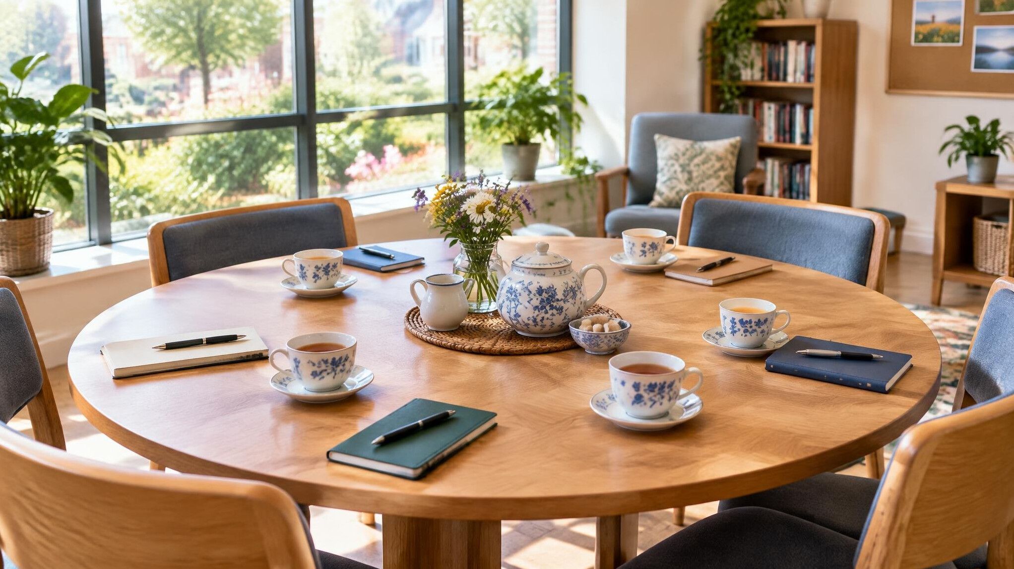 Round table with teacups and notebooks in a bright room