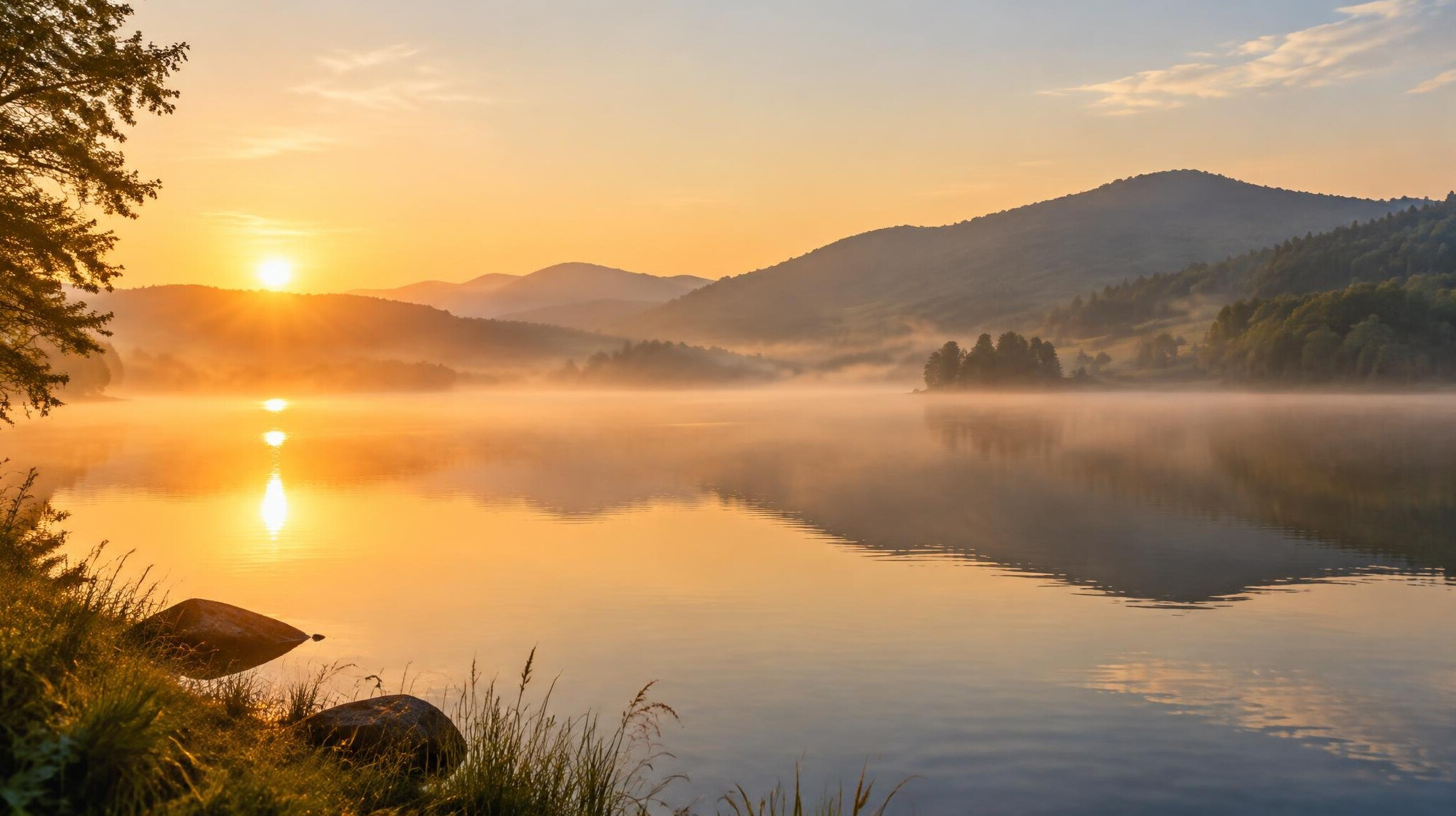 Calm sunrise over a quiet lake surrounded by hills